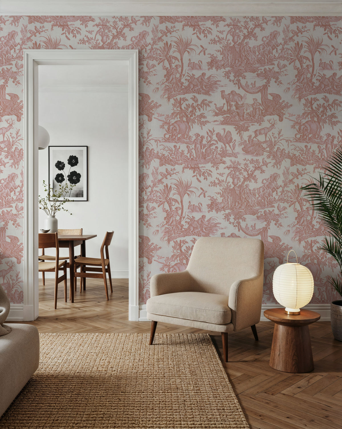 Patinated Linen Toile De Jouy, Rose Mural Wallpaper - room preview 06