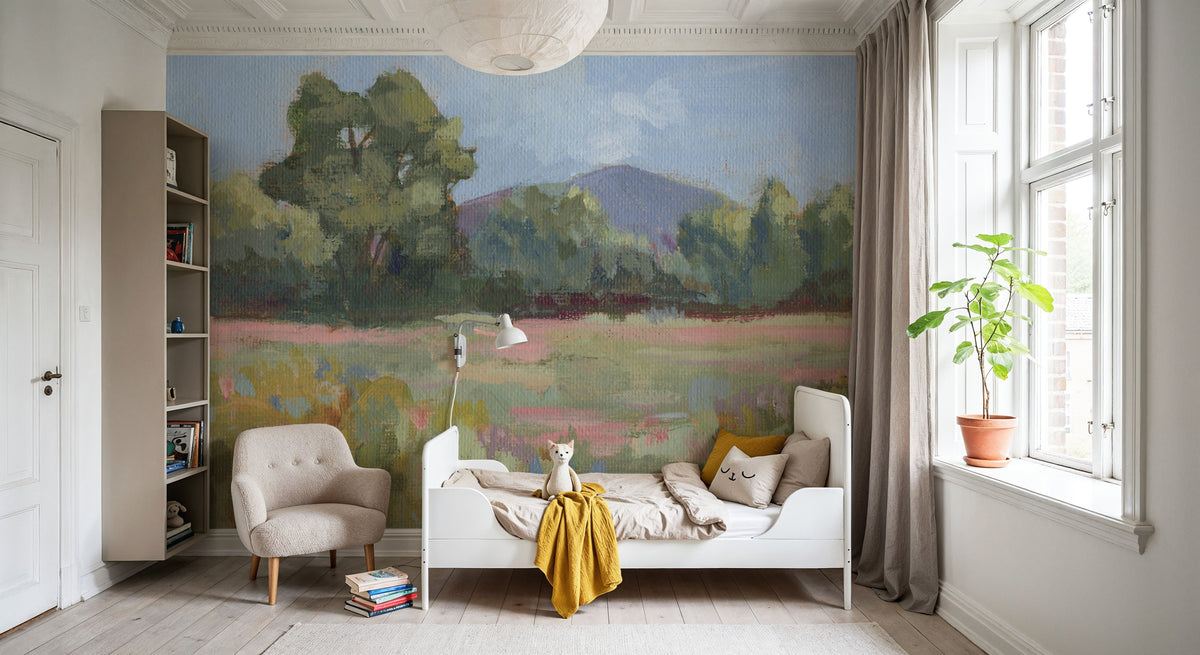 Pink and Green Meadow Mural Wallpaper - room preview 06