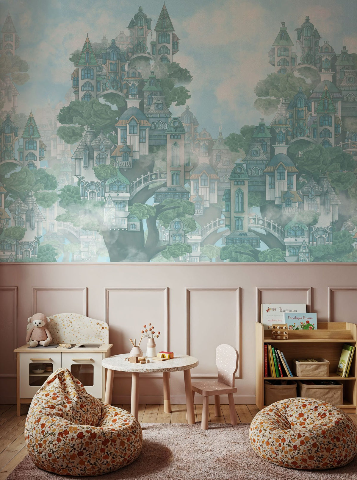 Treehouse Neighborhood Cool Pastel Mural Wallpaper - room preview 06