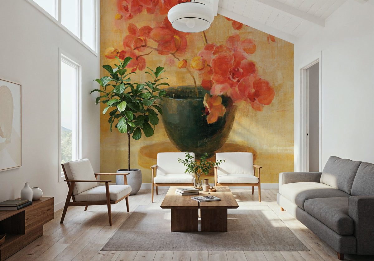 Pink Orchids in Black Vase Mural Wallpaper - room preview 06