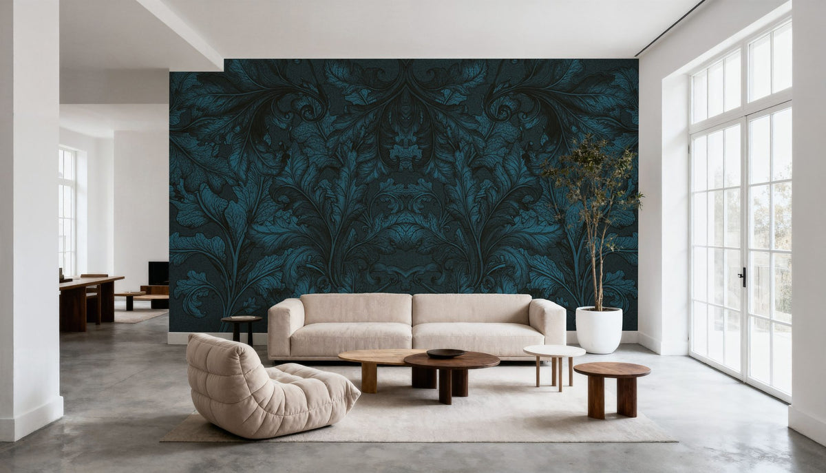 Shielded Leaf Blue Mural Wallpaper - room preview 06