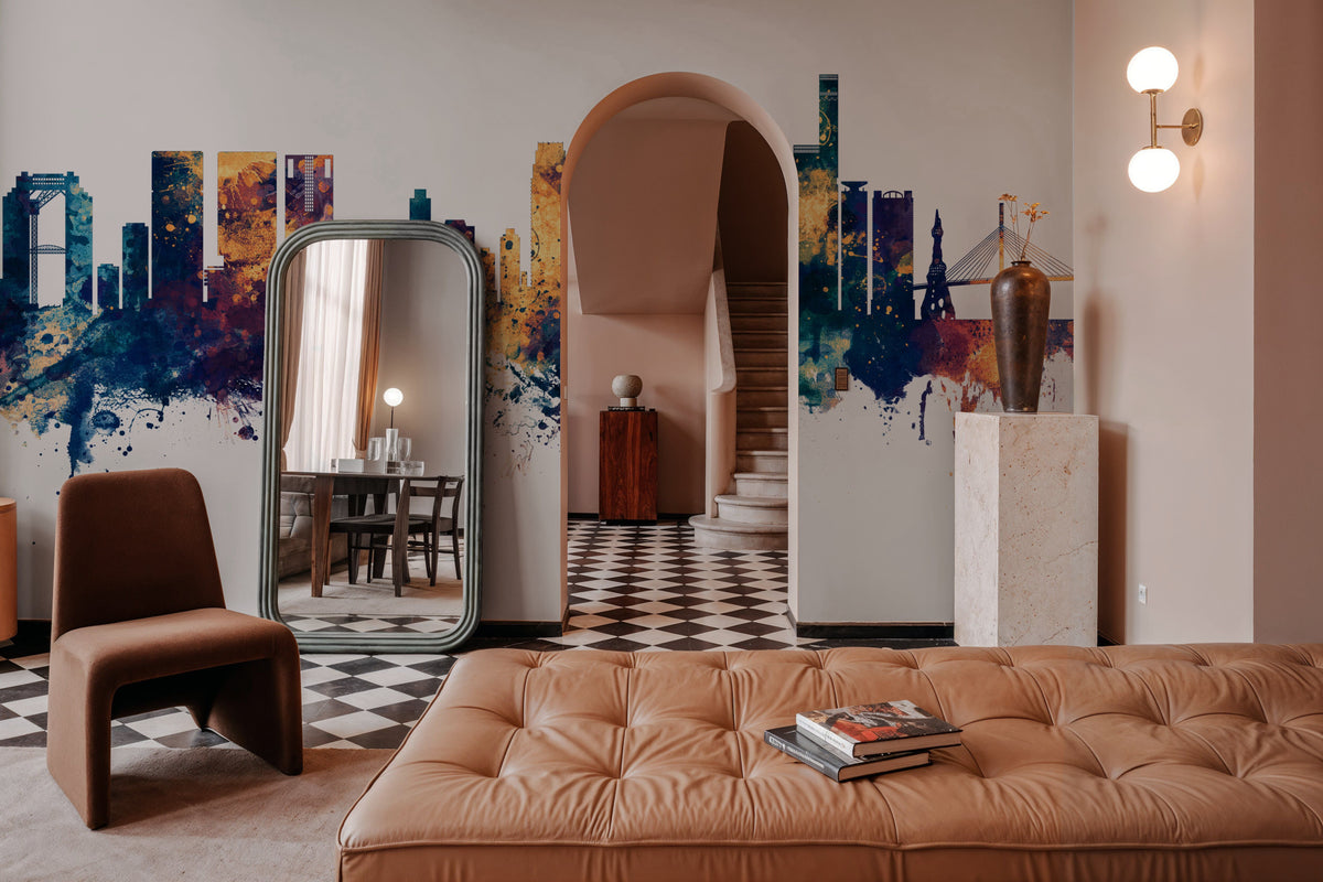 Osaka Skyline Blue & Bronze Mural Wallpaper - room preview 06