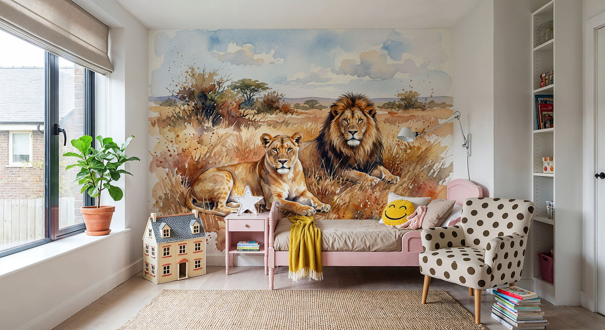 Lions II - Watercolor Predators Series Mural Wallpaper - room preview 06