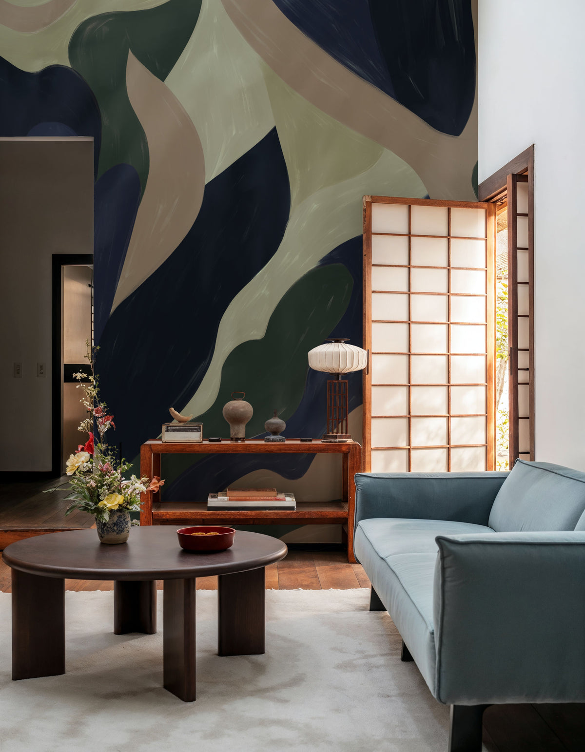 Dynamic Fields, Butter Yellow & Navy Mural Wallpaper - room preview 06