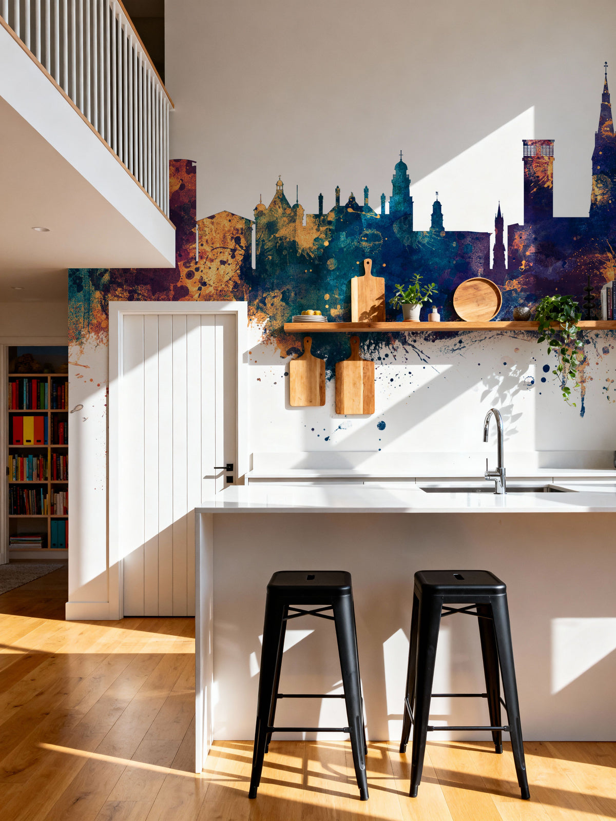 Leicester England Skyline Blue & Bronze Mural Wallpaper - room preview 06