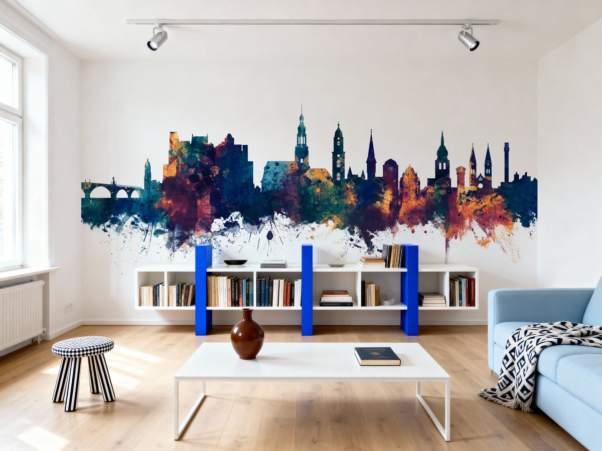 Heidelberg Germany Skyline Blue & Bronze Mural Wallpaper - room preview 06