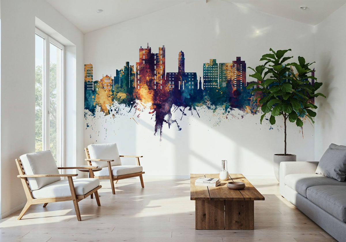 Luton England Skyline Blue & Bronze Mural Wallpaper - room preview 06
