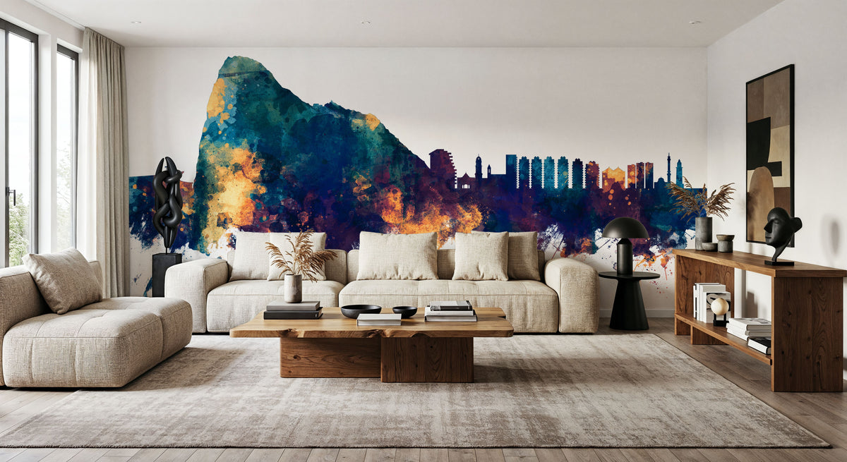 Gibraltar Skyline Blue & Bronze Mural Wallpaper - room preview 06