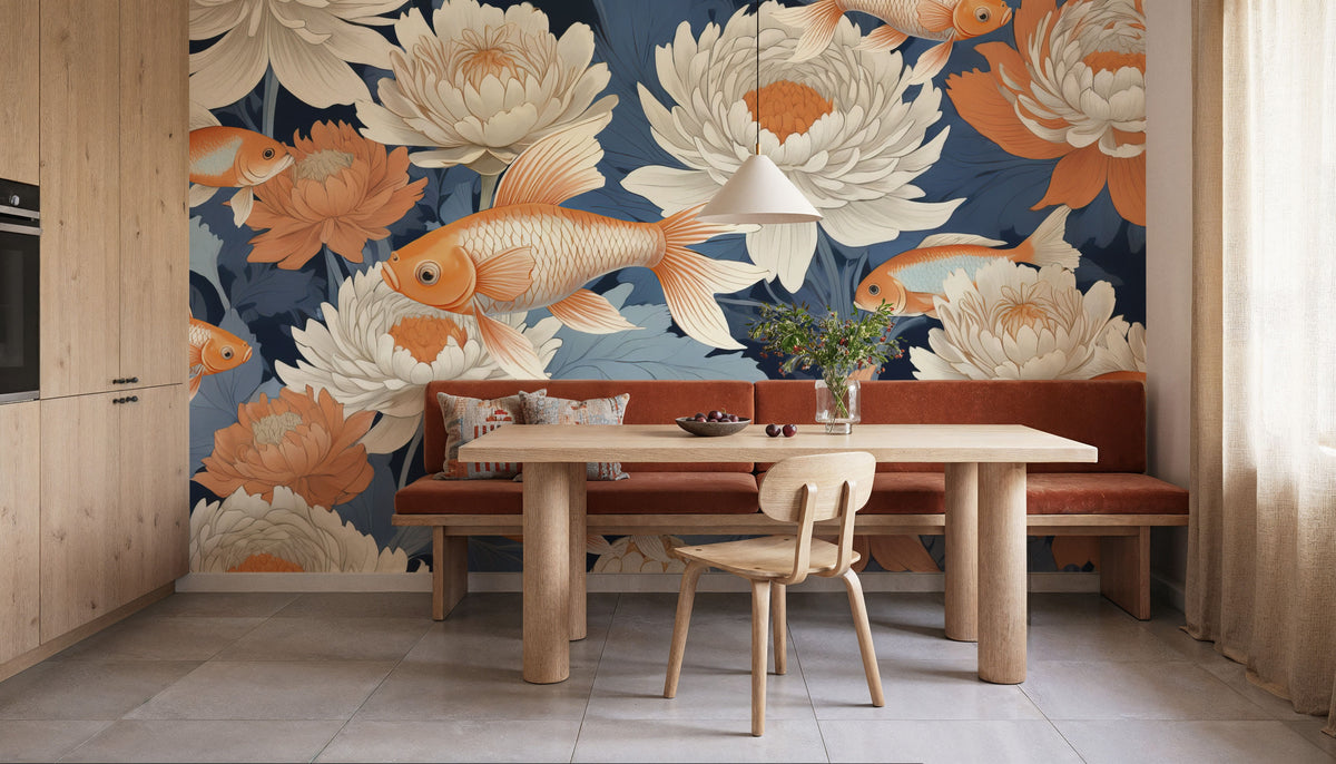 Dancing Fish, Orange on Blue Mural Wallpaper - room preview 06