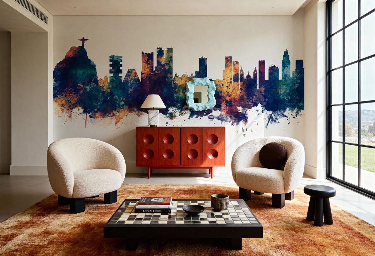 Rio De Janeiro Brazil Skyline Blue & Bronze Mural Wallpaper - room preview 06