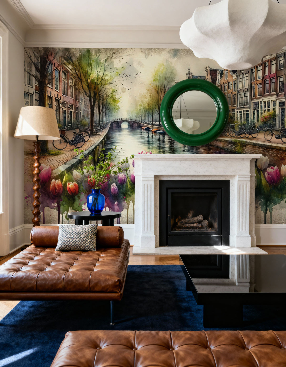 Watercolor Canal Scene Dutch Houses Mural Wallpaper - room preview 06