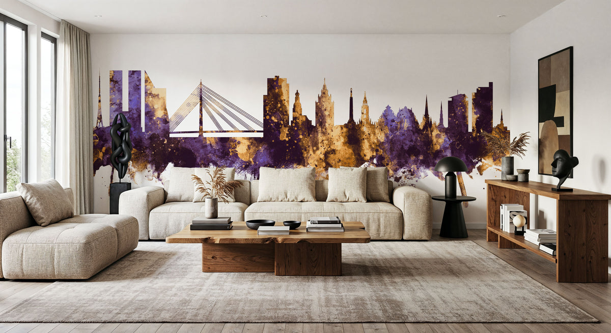 Riga Latvia Skyline Purple & Gold Mural Wallpaper - room preview 06