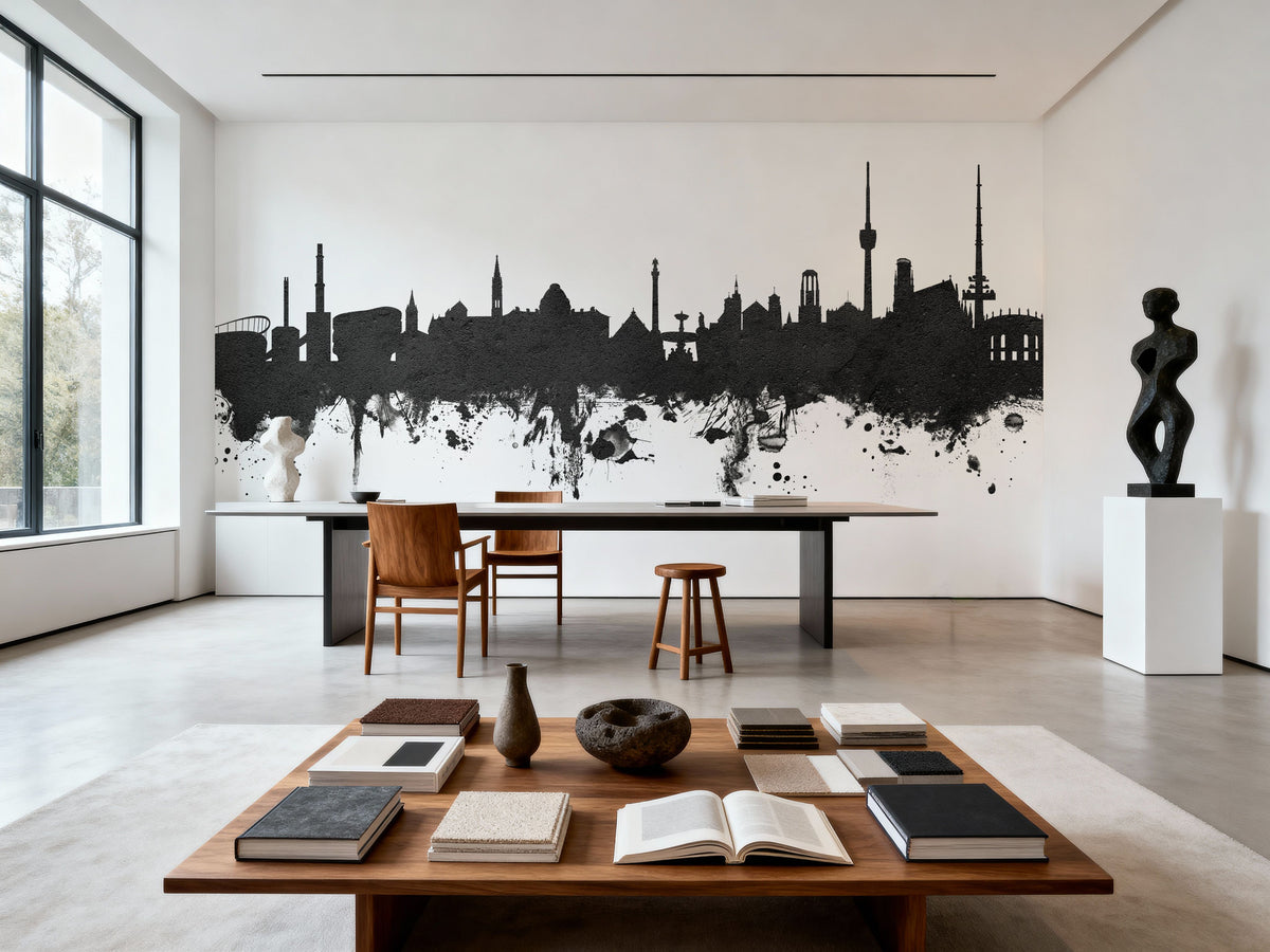 Stuttgart Germany Skyline Black & White Mural Wallpaper - room preview 06