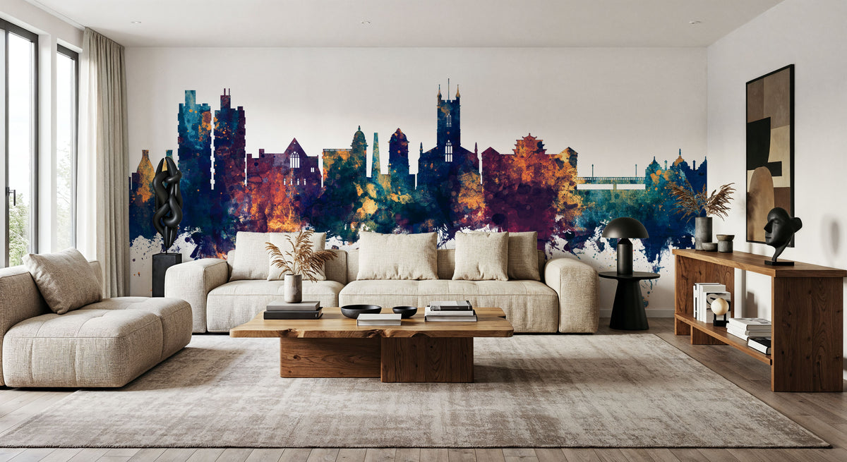 Stoke-on-Trent Skyline Blue & Bronze Mural Wallpaper - room preview 06