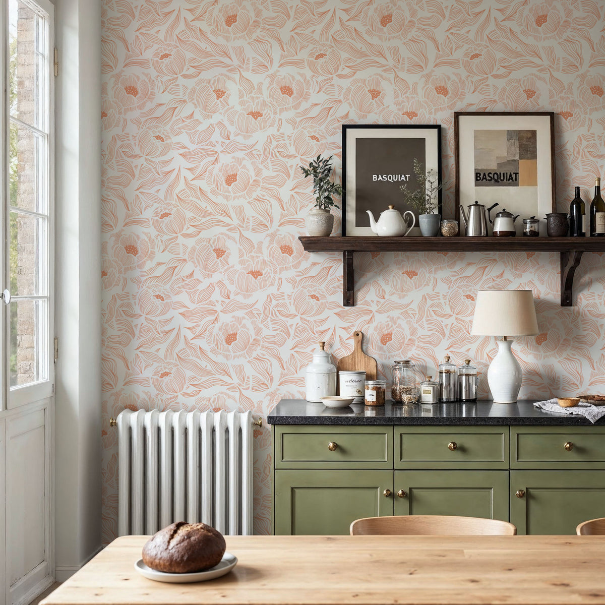 Hidden Peonies, Orange on White Mural Wallpaper - room preview 06
