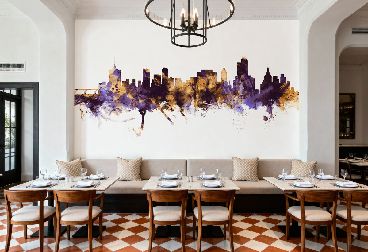 Tulsa Oklahoma Skyline Purple & Gold Mural Wallpaper - room preview 06