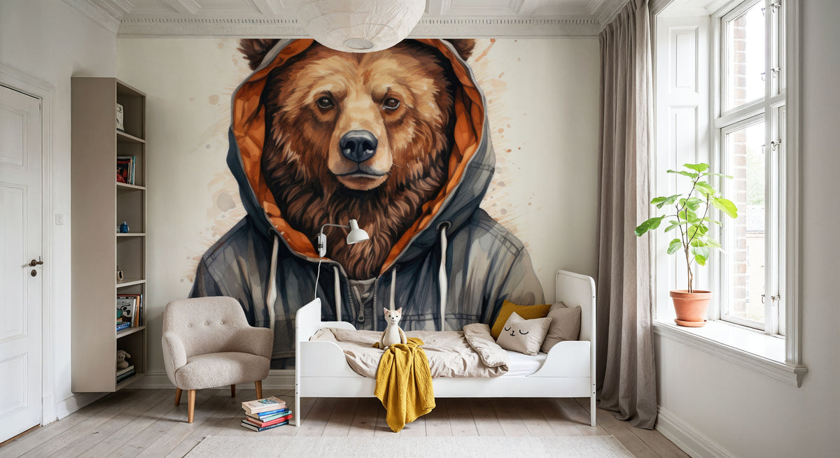 Watercolor Cartoon Grizzly Bear in a Hoodie Mural Wallpaper - room preview 06