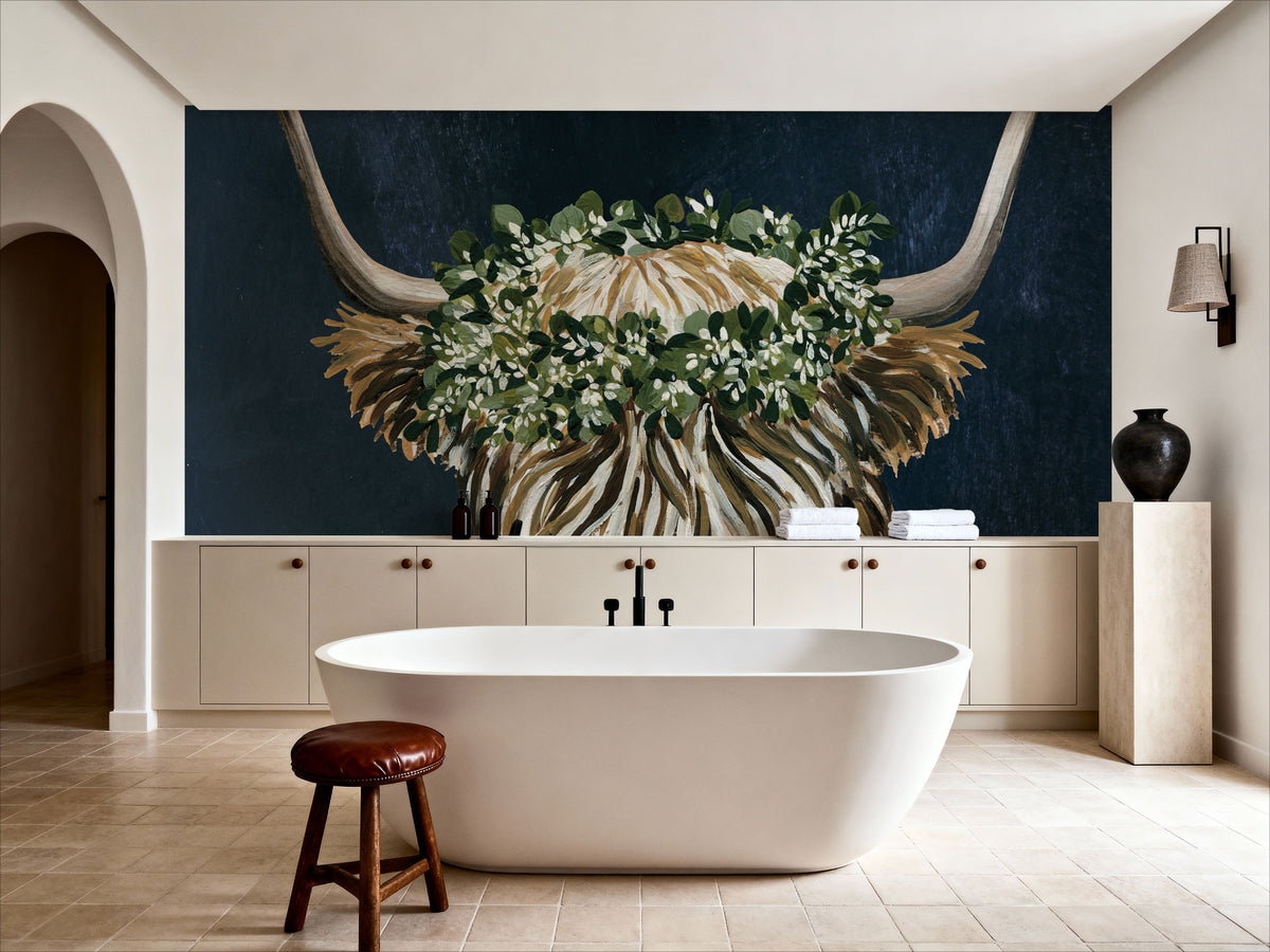 Harvest Cow Sage Texture Dark Mural Wallpaper - room preview 06