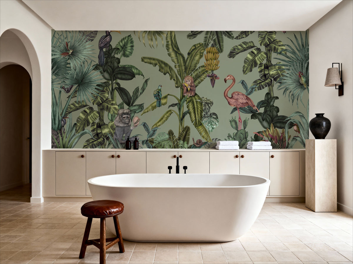 Monkeys with Birds, Pistachio Mural Wallpaper - room preview 06