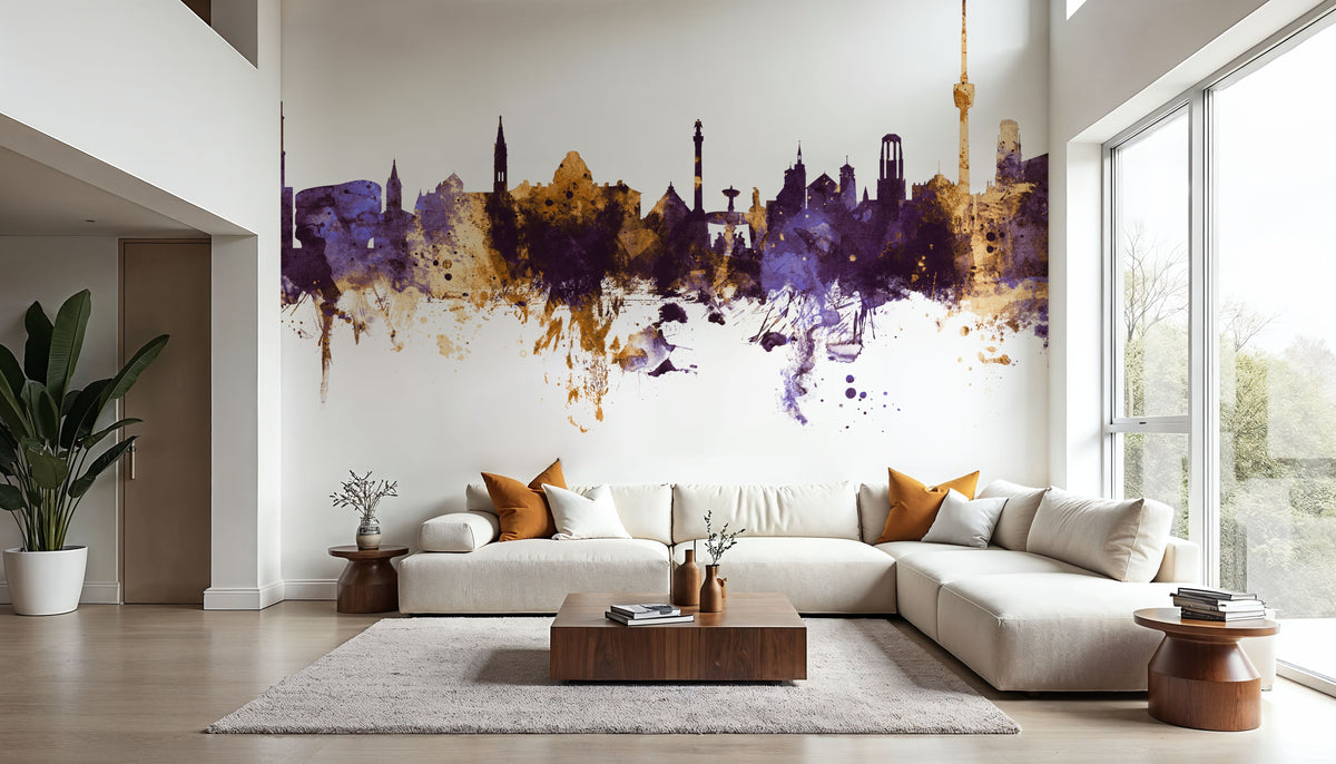 Stuttgart Germany Skyline Purple & Gold Mural Wallpaper - room preview 06