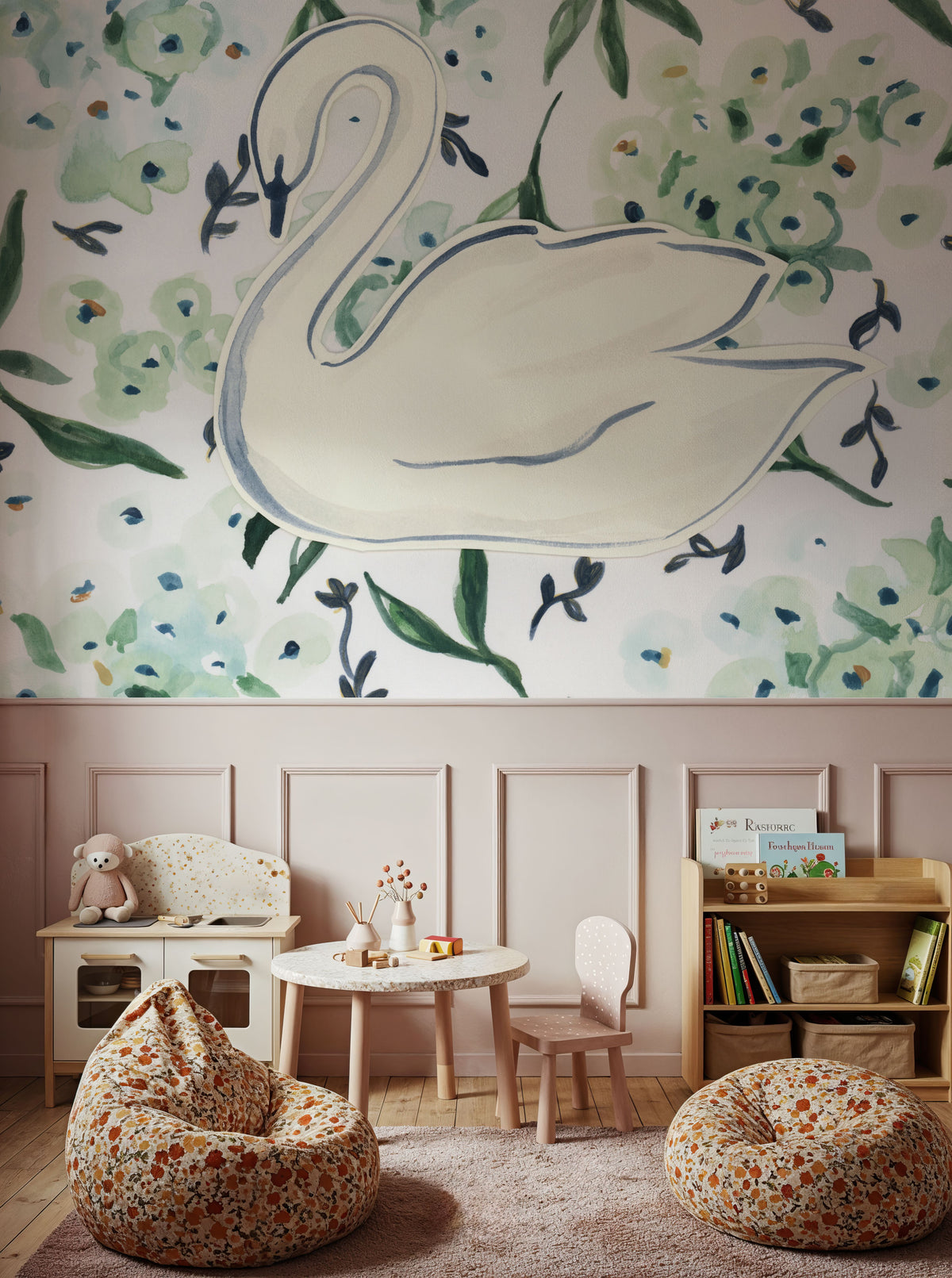 Green Hydrangea Swan Mural Wallpaper - room preview 06