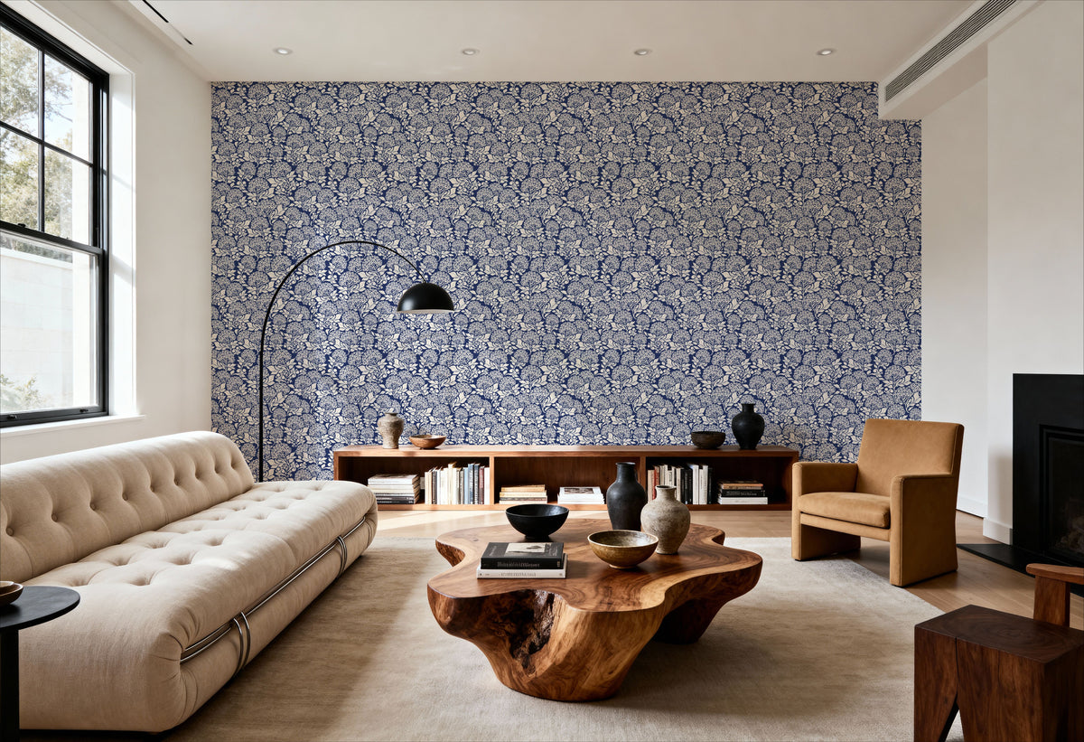 Hydrangea, Navy Mural Wallpaper - room preview 06