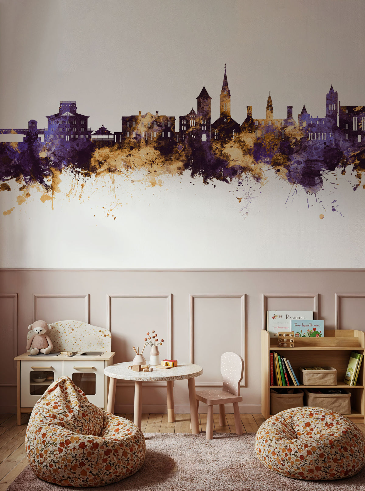 New Bern North Carolina Skyline Purple & Gold Mural Wallpaper - room preview 06