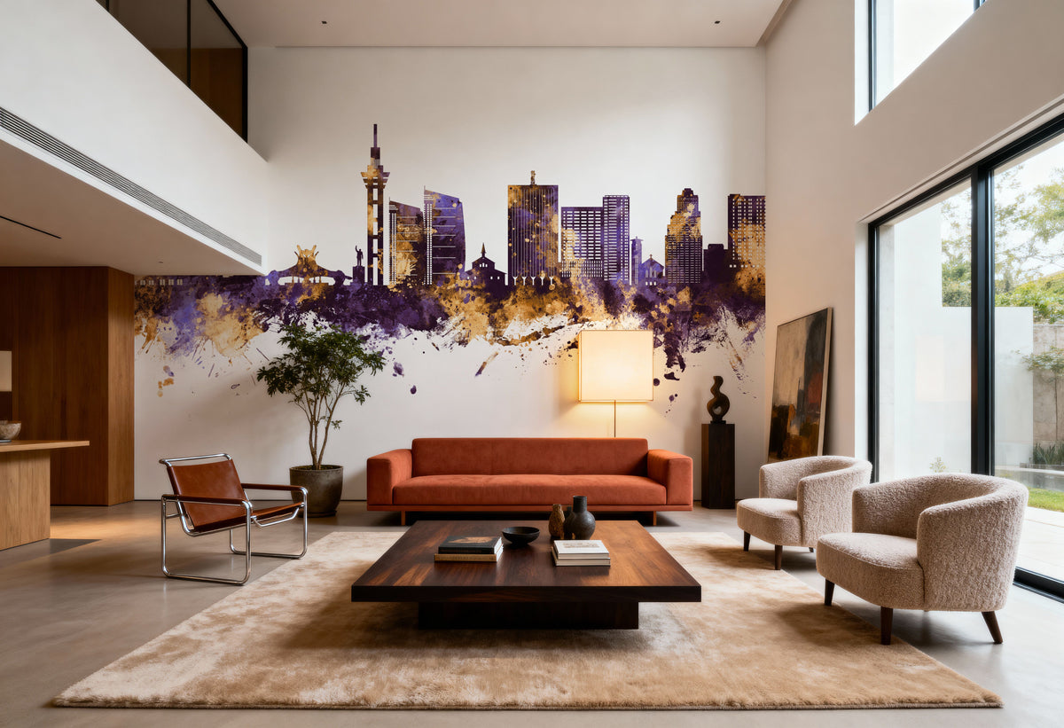 Kinshasa Skyline Purple & Gold Mural Wallpaper - room preview 06