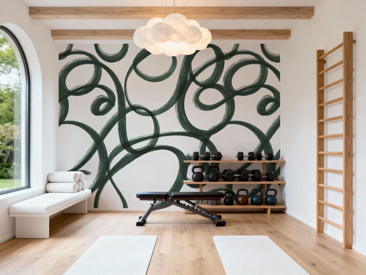 Curly Brush Lines, Salamander Green Mural Wallpaper - room preview 06