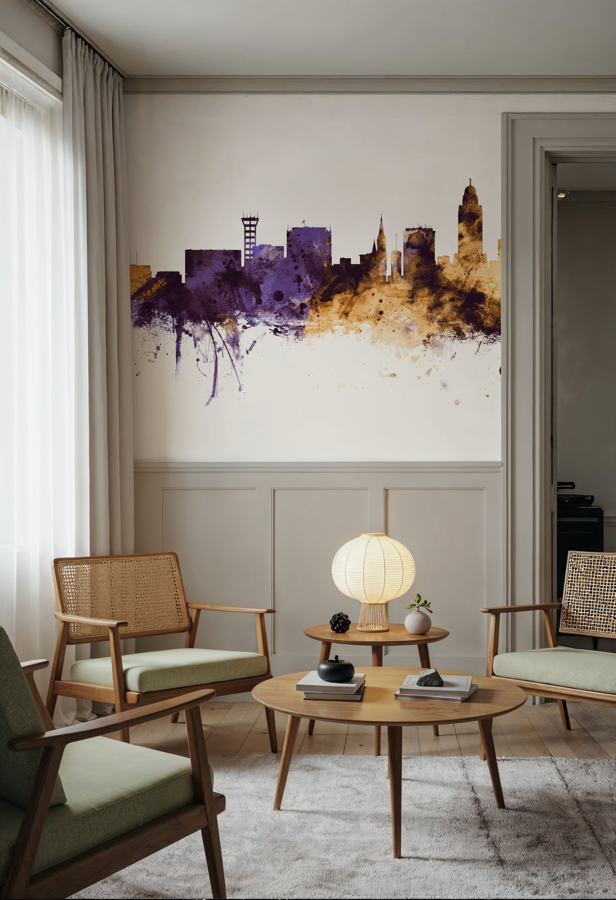 Lincoln Nebraska Skyline Purple & Gold Mural Wallpaper - room preview 06