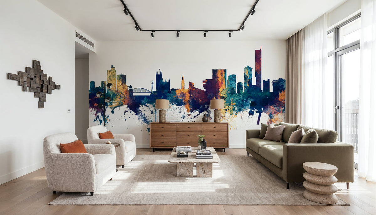 Manchester England Skyline Blue & Bronze Mural Wallpaper - room preview 06
