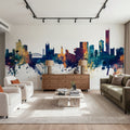 Manchester England Skyline Blue & Bronze Mural Wallpaper - room preview 06