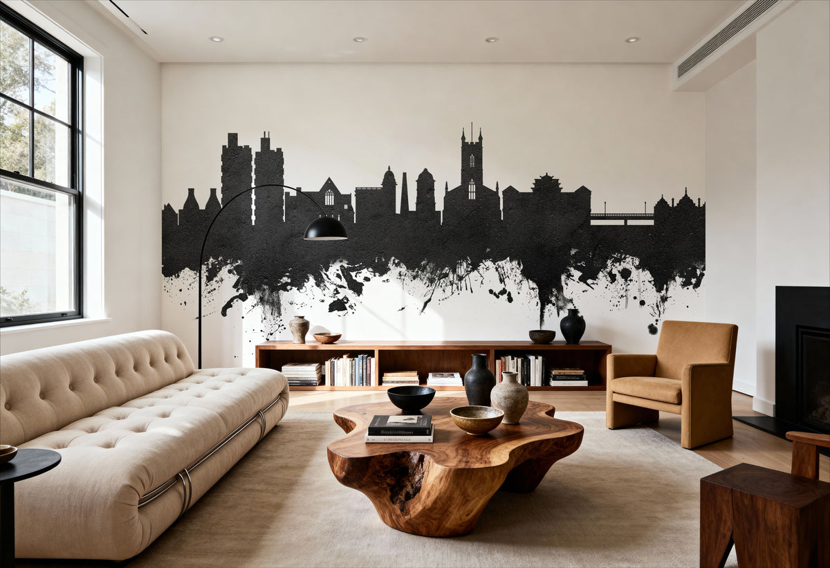 Stoke-on-Trent Skyline Black & White Mural Wallpaper - room preview 06