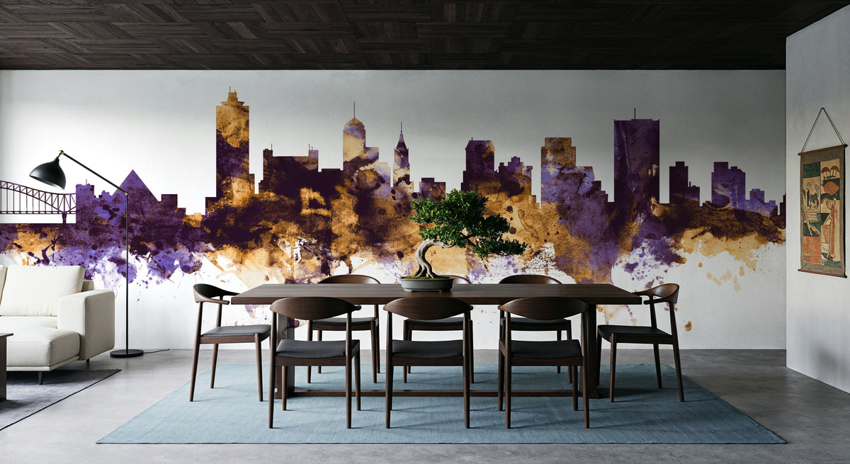 Memphis Tennessee Skyline Purple & Gold Mural Wallpaper - room preview 06
