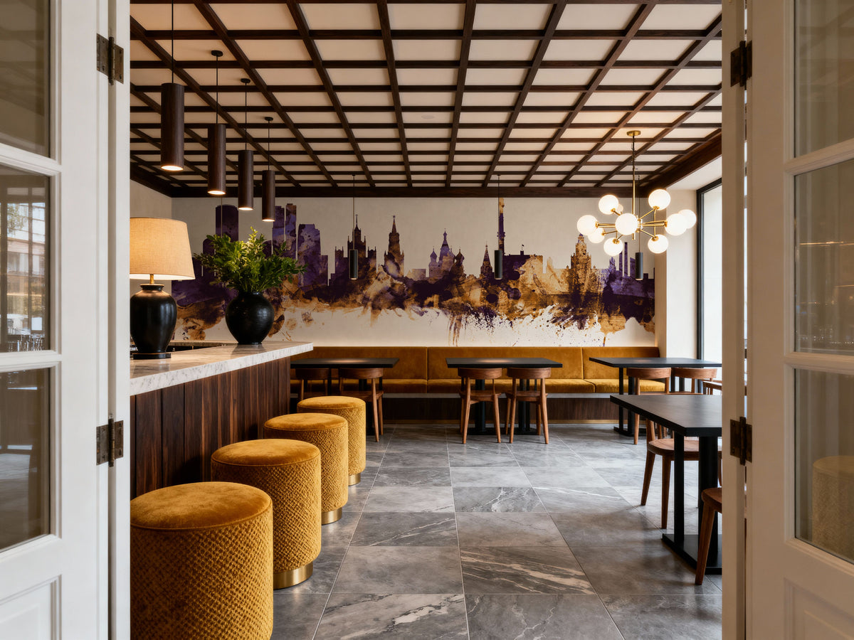 Moscow Russia Skyline Purple & Gold Mural Wallpaper - room preview 06
