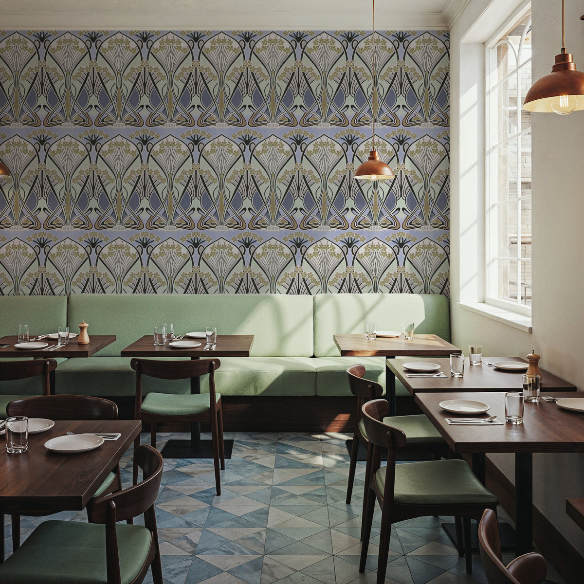 Floral Art Deco Aura, Periwinkle Mural Wallpaper - room preview 06