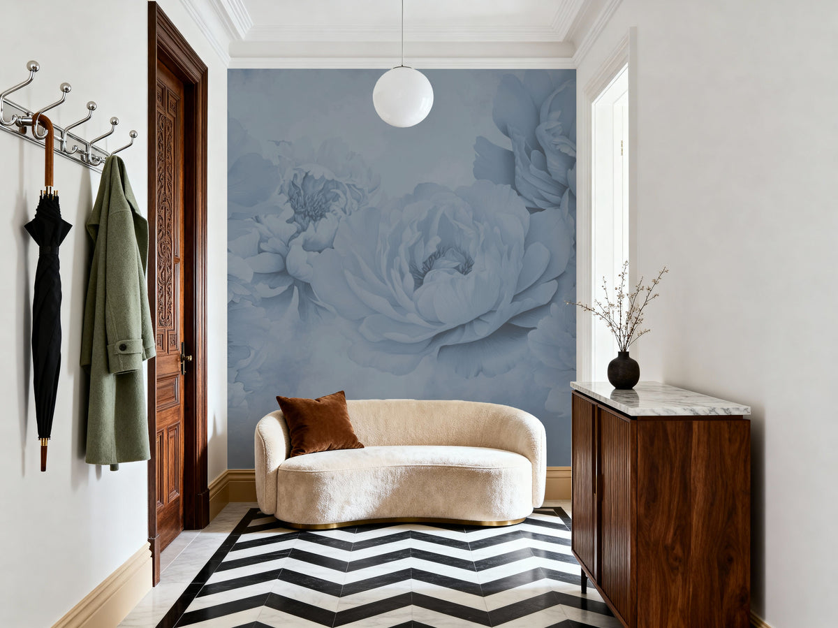 Transcendent Peony, Periwinkle Mural Wallpaper - room preview 06