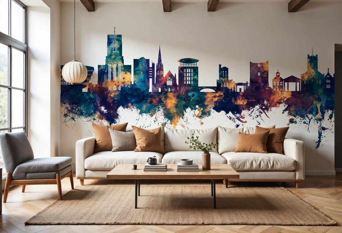 Guildford England Skyline Blue & Bronze Mural Wallpaper - room preview 06