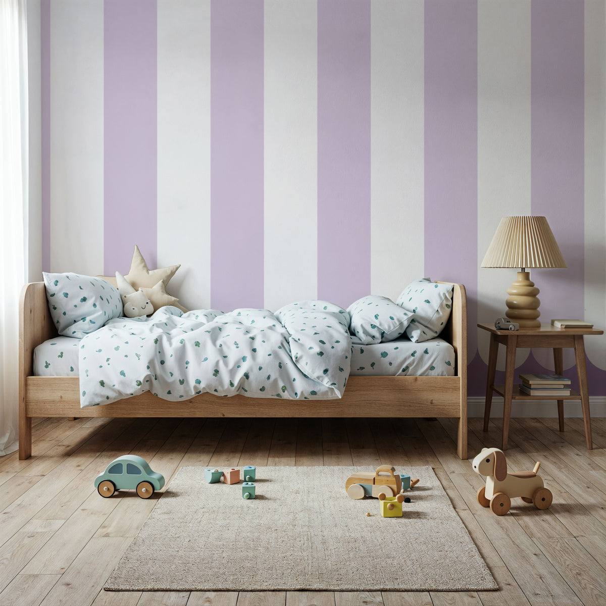 Scalloped Circus Stripes, Lavender Mural Wallpaper - room preview 06