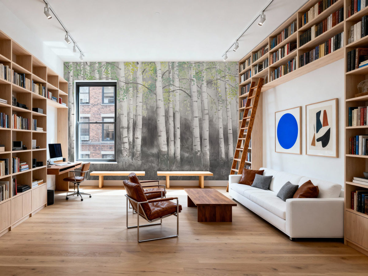 Soft Birches Charcoal Mural Wallpaper - room preview 06