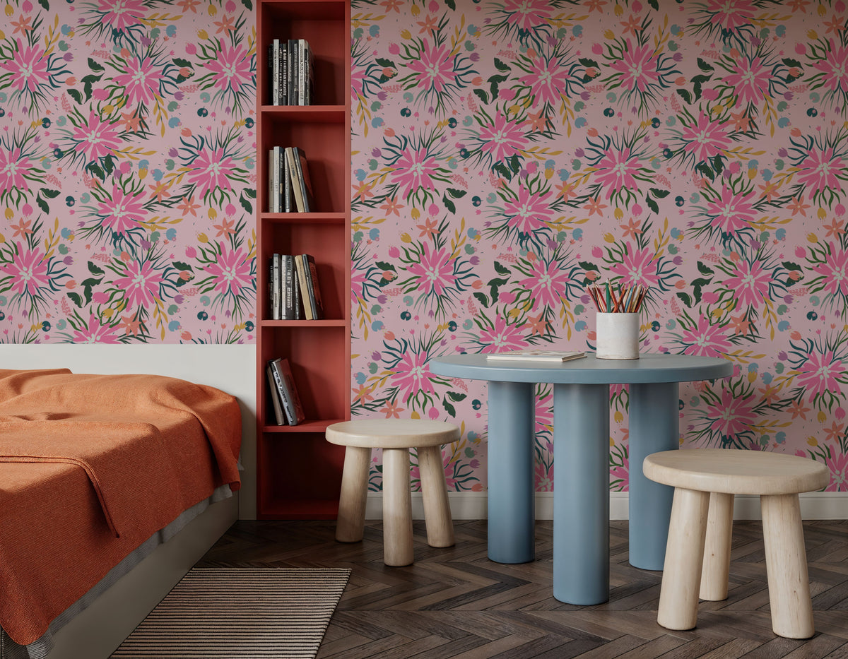 Pink Floral Fireworks Mural Wallpaper - room preview 06