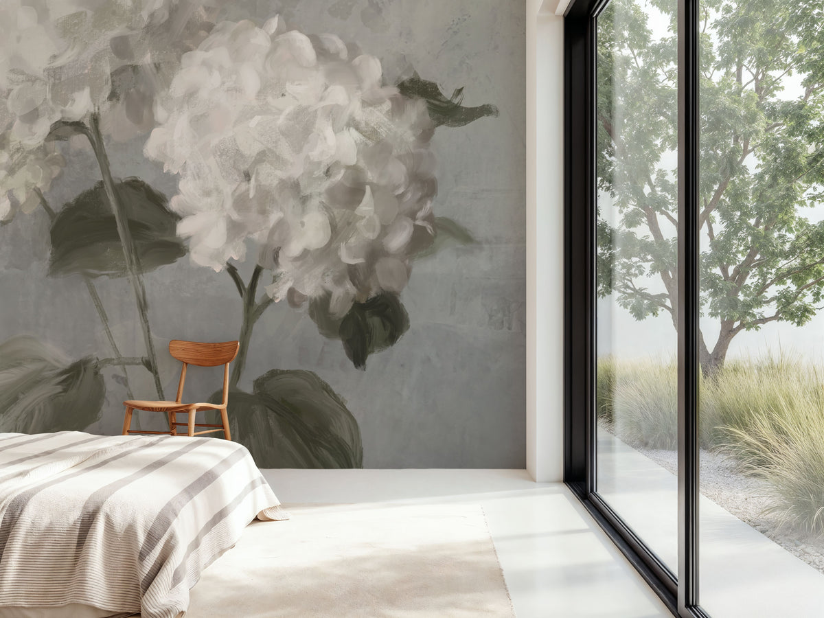 White Hydrangeas on Gray Mural Wallpaper - room preview 06