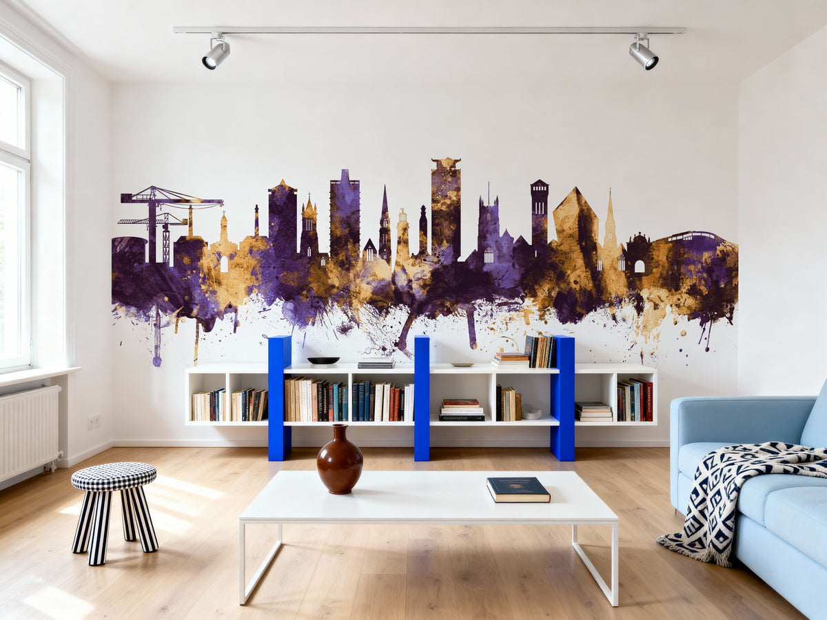 Plymouth England Skyline Purple & Gold Mural Wallpaper - room preview 06