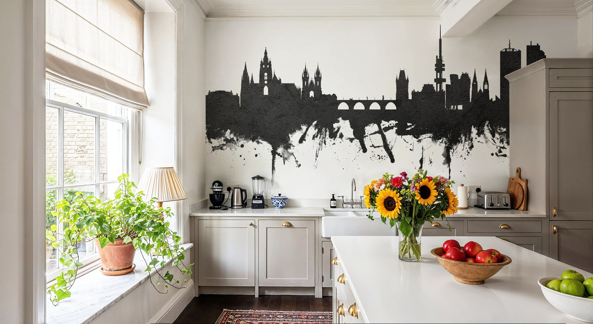 Prague (Praha) Czech Republic Skyline Black & White Mural Wallpaper - room preview 06