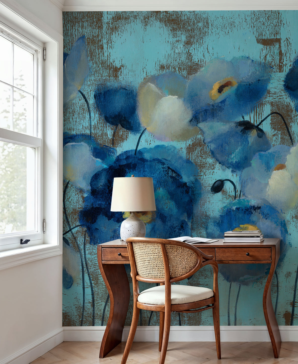 Aquamarine Floral on Blue Mural Wallpaper - room preview 06