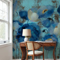 Aquamarine Floral on Blue Mural Wallpaper - room preview 06