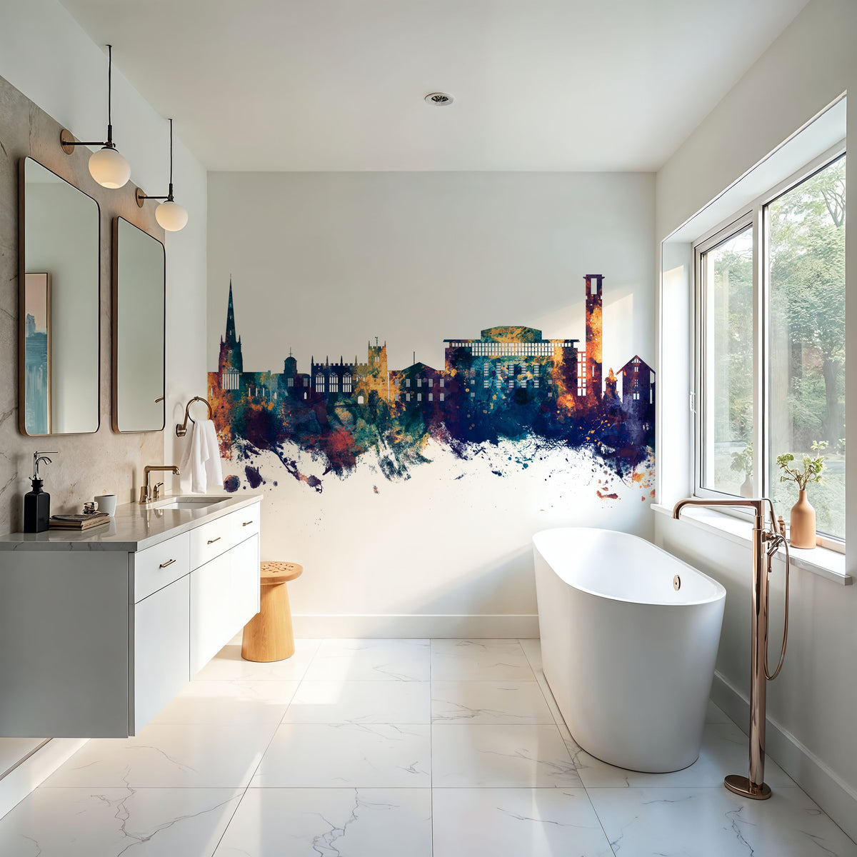 Stratford-upon-Avon England Skyline Blue & Bronze Mural Wallpaper - room preview 06