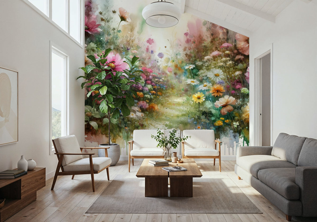 Flower Garden Watercolor Mural Wallpaper - room preview 06