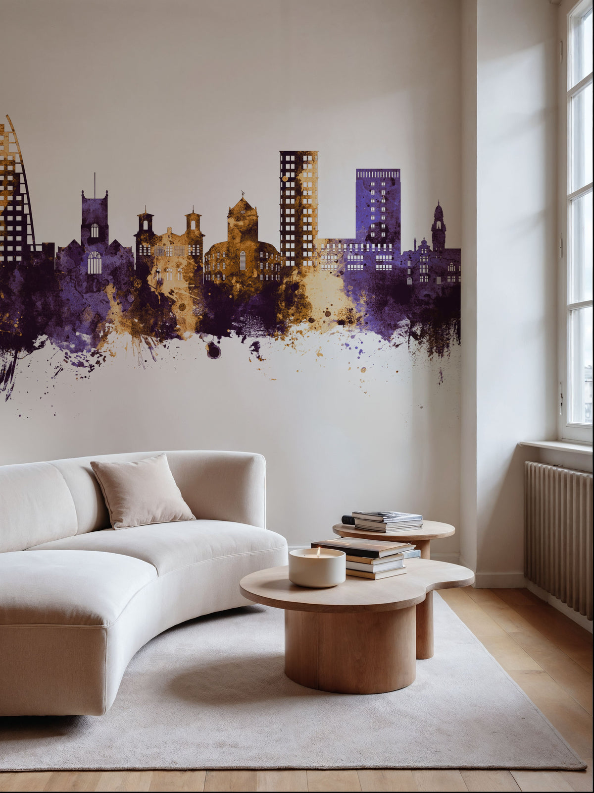 Kingston Upon Thames England Skyline Purple & Gold Mural Wallpaper - room preview 06