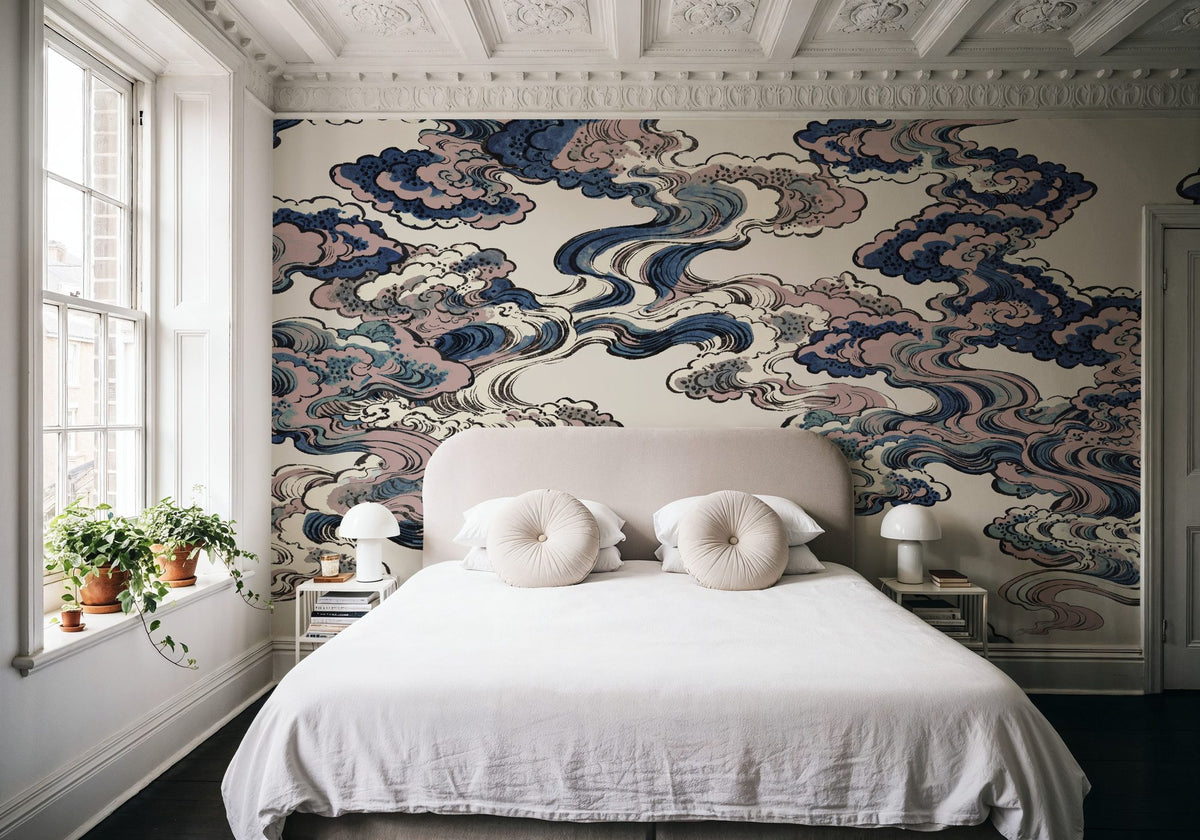 Ukiyo-e Clouds, Soft Pink Mural Wallpaper - room preview 06